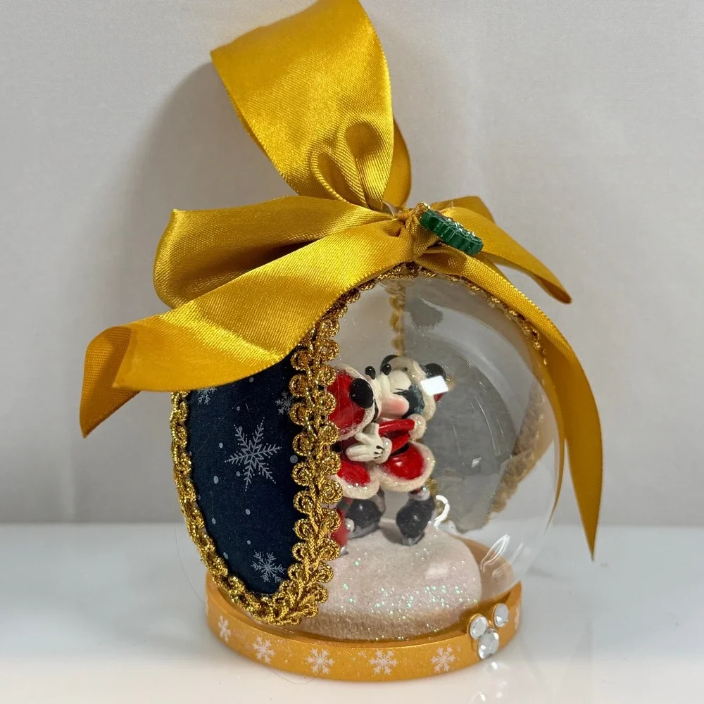 Disney Mickey Minnie Kissing Christmas Ornament Mistletoe Snow Globe Style